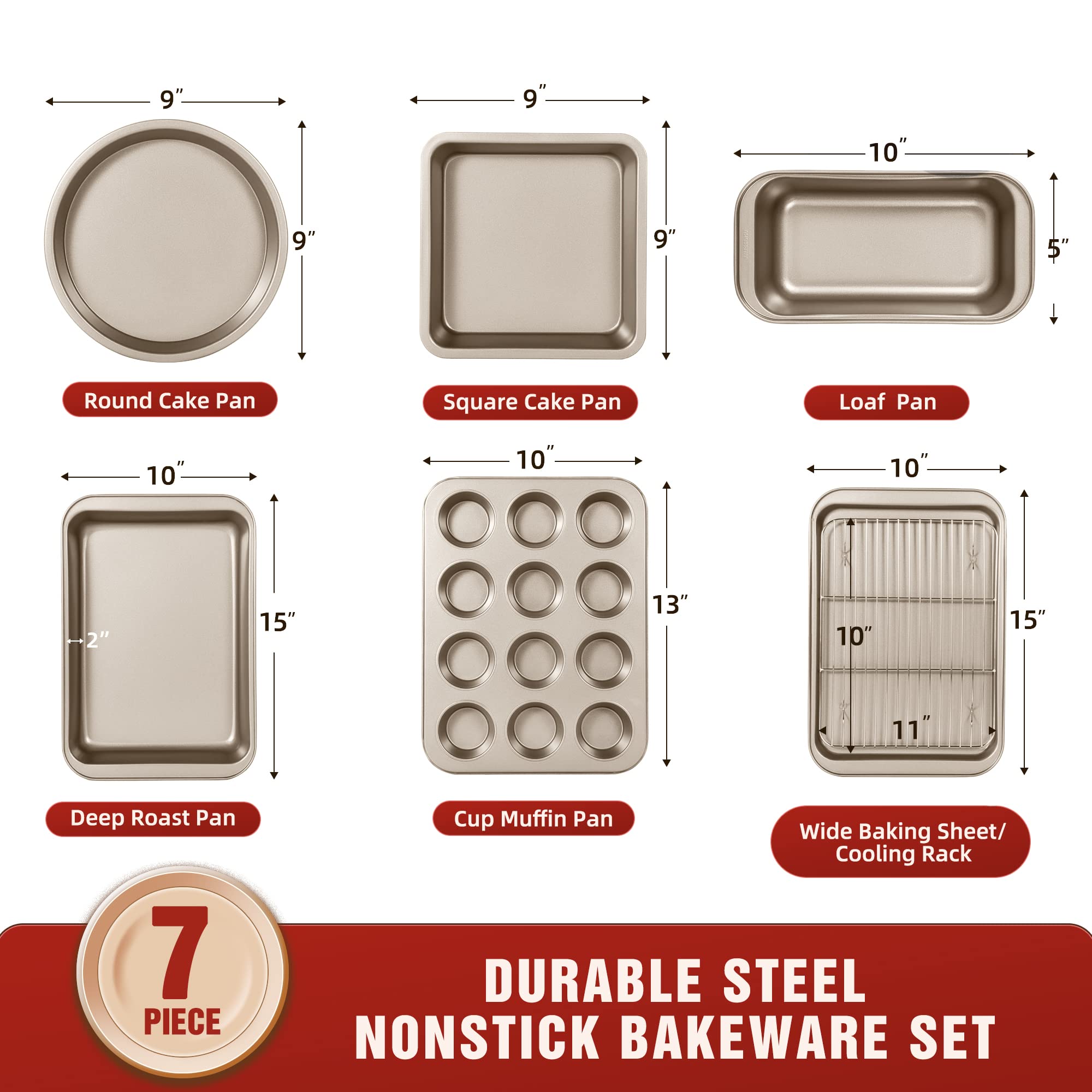 Kitessensu Baking Pans Sets, Nonstick Bakeware Set 8-Piece With Round/Square Cake Pan, Loaf Pan, Muffin Pan, Cookie Sheet, Roast